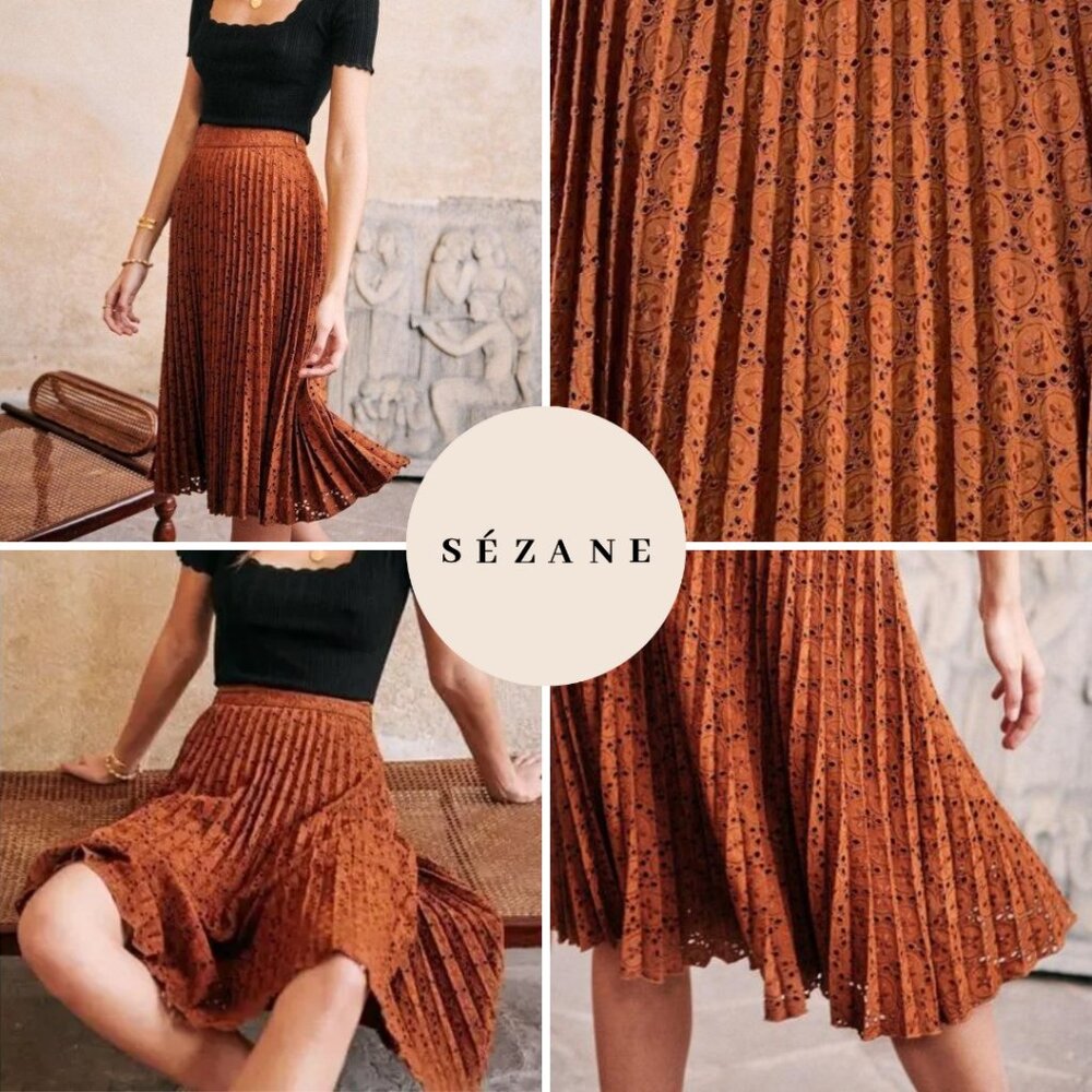 NWT Sezane Eyelet Pleated Dino Skirt in Café US Size 2